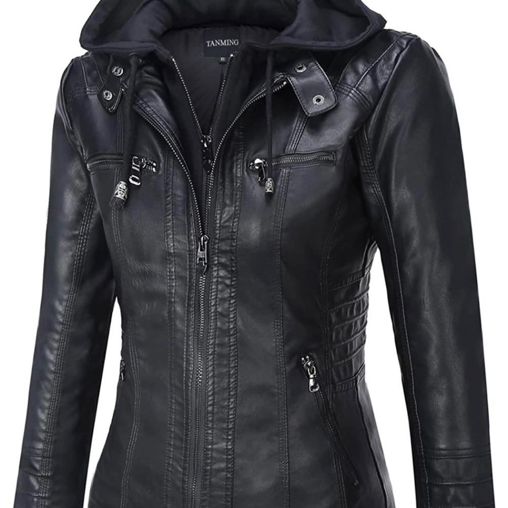 New w/o Tags Tanming Woman’s Removable Hooded Faux Leather Jacket - Picture 2 of 7